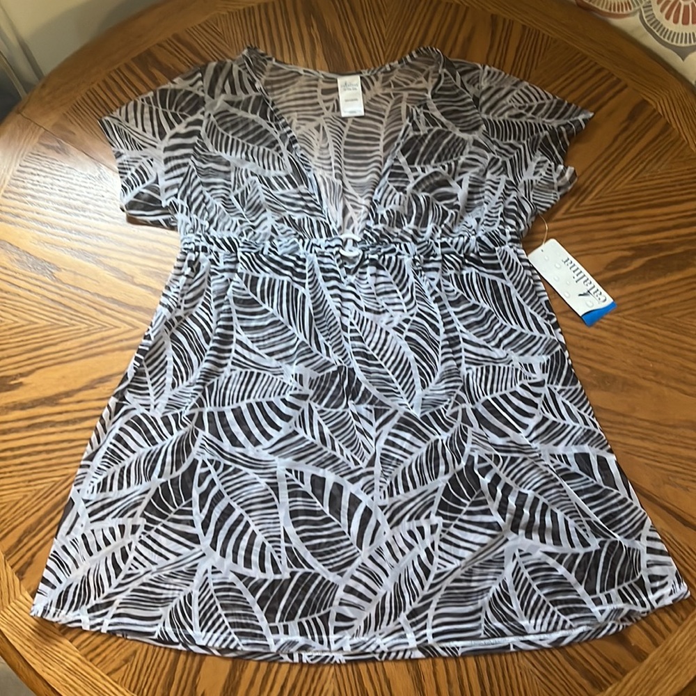 Sexy Sheer Swim Cover-Up Black & White Tropical Leaf Pattern •  Women’s 2X • NWT